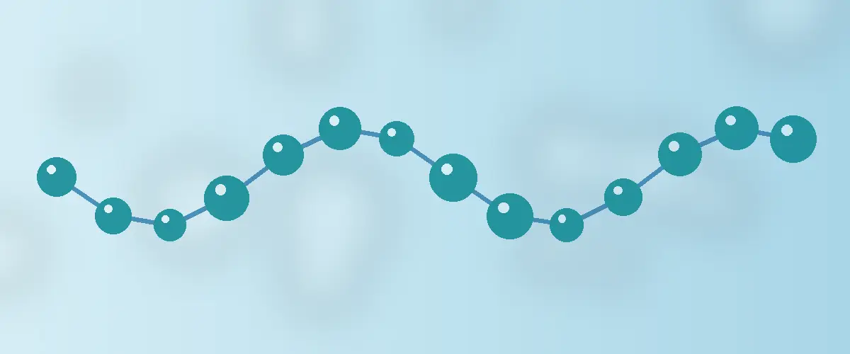 Abstract illustration of a peptide chain of linked teal and blue spheres on a light blue background
